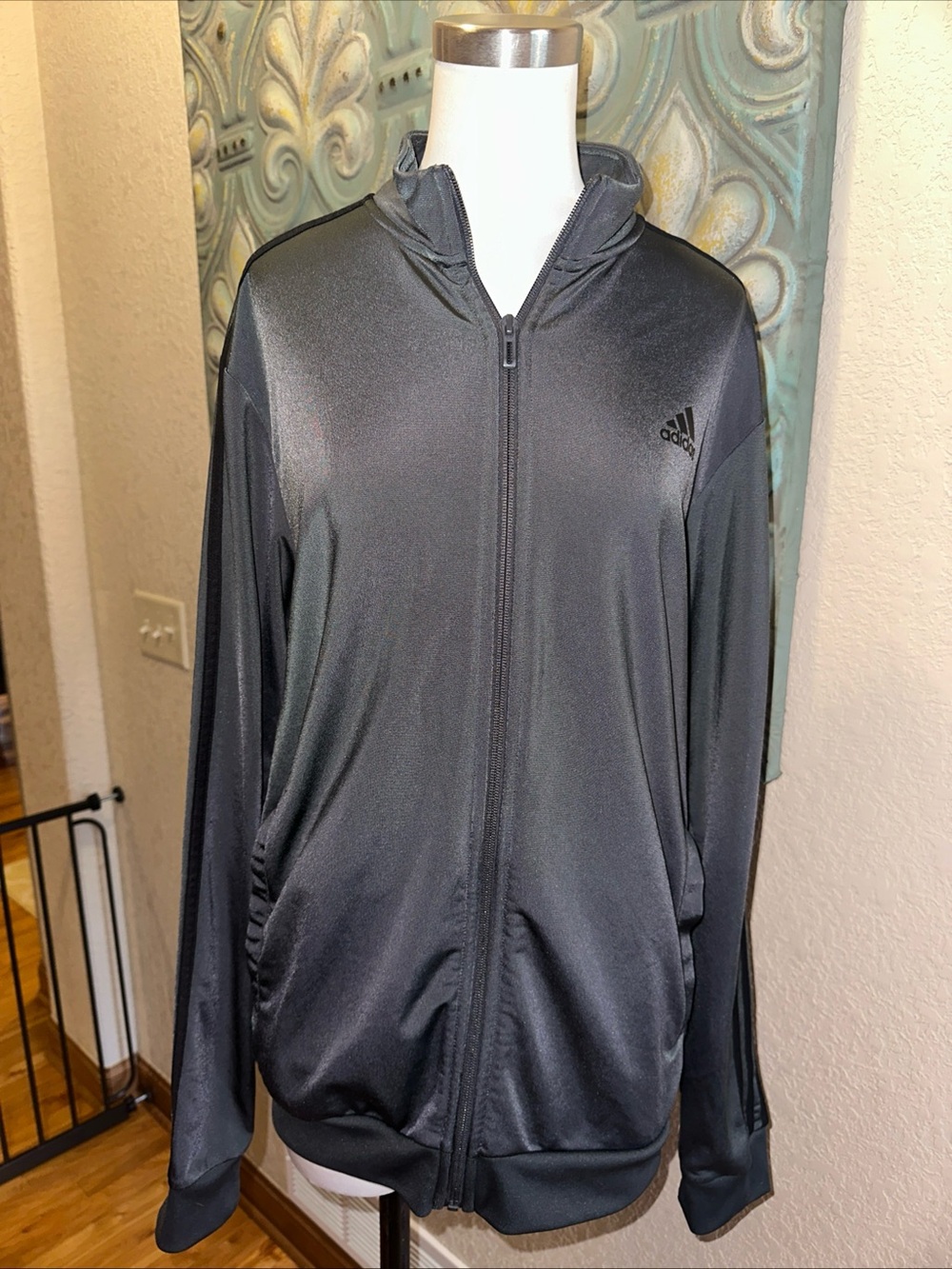 Adidas Womens M Black Gray 3 Stripe Full Zip Track Jacket Athletic Training